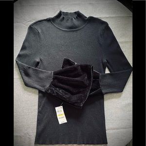 Tight knit shirts, velvet flare cuffs, mock-neck.